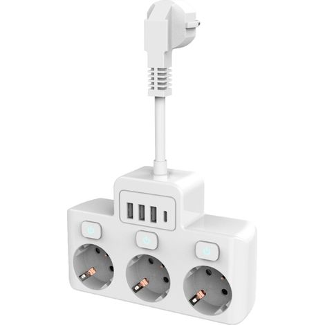 Multiprise murale USB-C avec interrupteurs individuels, 4 prises et 3 chargeurs USB, adaptateur USB, prise européenne standard, câble court de 0,1 m, blanc