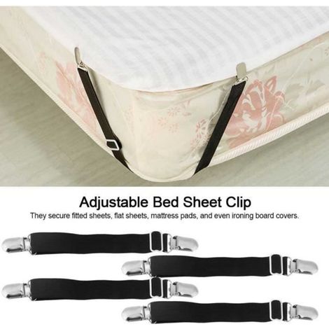 Attache Drap - Bande Élastique Réglable avec Serrage Plastique - Pour Draps-Housses Couvertures Matelas - Noir - Lot de 4 (1/2)