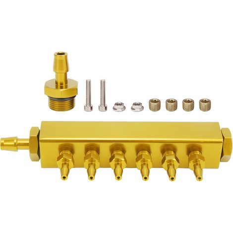 Kit collecteur d'admission à 6 ports avec bloc de dépression, connecteurs NPT 1/8" et 1/2", entrée/sortie NPT, universel pour voitures, camions et turbos, couleur or. (1/5)