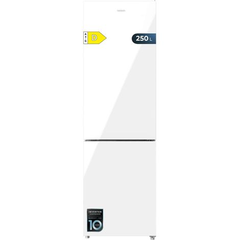 Frigorifero combinato bianco, alto 185 cm e largo 55 cm, con capacità di 250 litri, compressore Inverter Plus, Total No Frost, classe energetica D e sistema Multi Air Flow.