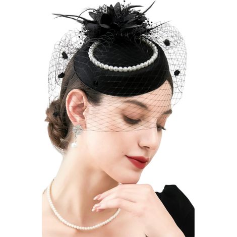 Elegante Damen-Kopfbedeckungen mit Federn und Netzstoff, perlenbesetzte Haarspange, Haarband, Schleier, Kopfbedeckungen für das Ascot-Pferderennen, Haarspange, Blumen, Hochzeit (1/5)