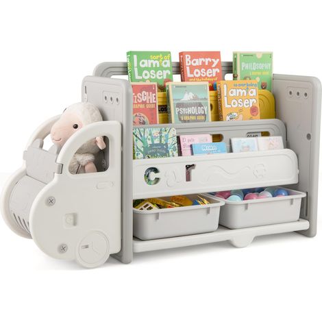 COSTWAY Scaffale per Giocattoli e Libri per Bambini, Libreria a Forma di Auto con 3 Ripiani 2 Scatole, Organizzatore Salvaspazio per Camera Stanza dei Giochi Asilo (1/5)