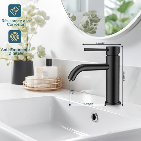 Mitigeur noir pour lavabo de salle de bain – Levier unique adaptable sur vasque et WC invité – Version basse