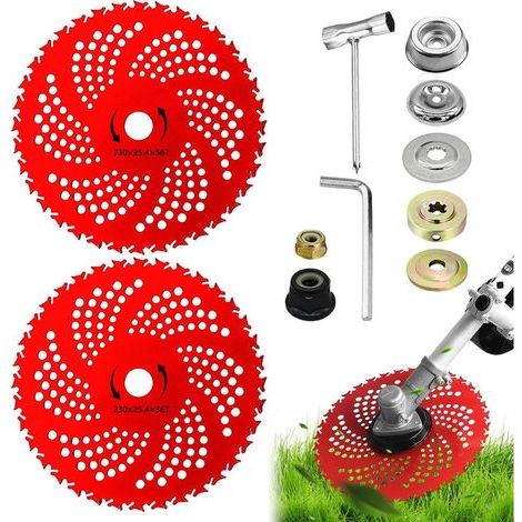 Lot de 2 lames de débroussailleuse de 22,9 cm x 36 dents en carbure de tungstène avec kit adaptateur universel, lames pour débroussailleuse, débroussailleuse, désherbeur (1/5)