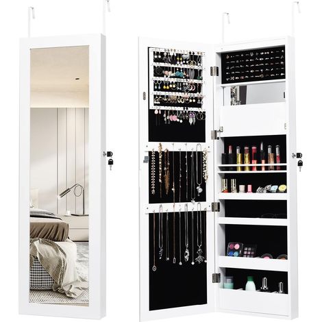 COSTWAY 120cm Schmuckschrank mit Ganzkörperspiegel und eingebautem Schminkspiegel, Schmuck Spiegelschrank für Ringe, Kettenhaken und Ohrringe weiß (1/5)