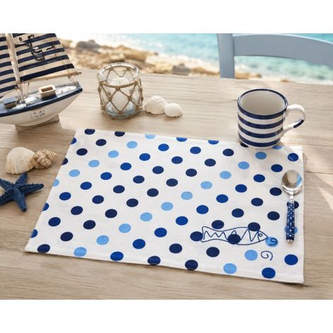 Set de table en coton à pois bleus brodé poisson – Style bord de mer - 33x45cm - Bleu (1/2)