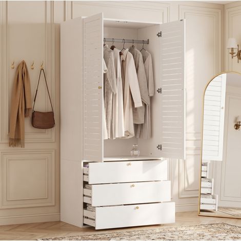Armoire blanche 90 x 50 x 200 cm avec portes à lames, penderie et 3 tiroirs (1/5)