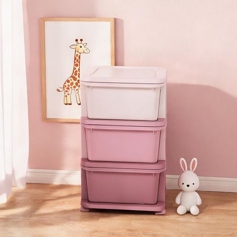 Meuble de rangement enfant 3 bacs empilables rose en plastique (1/5)