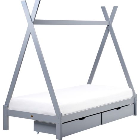 Cama infantil en forma de tipi con dosel con cajones de madera de pino gris 90 x 200 cm DEVAY