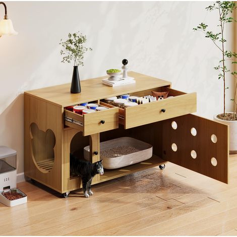 Mobile lettiera per gatti con vassoio rimovibile, antiodore, 100 x 45 x 66 cm, Natur HAVRYA (1/5)