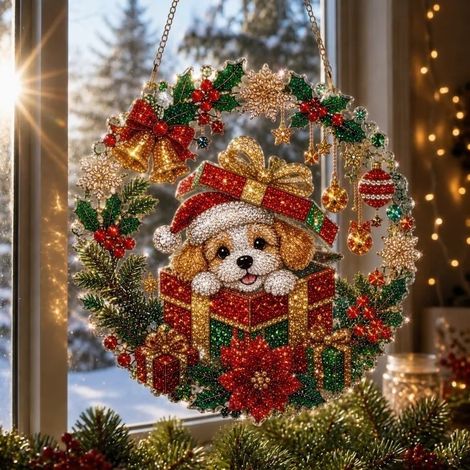 Nouvelle peinture diamant de Noël attrape-soleil - Cadeau chiot - 15 cm