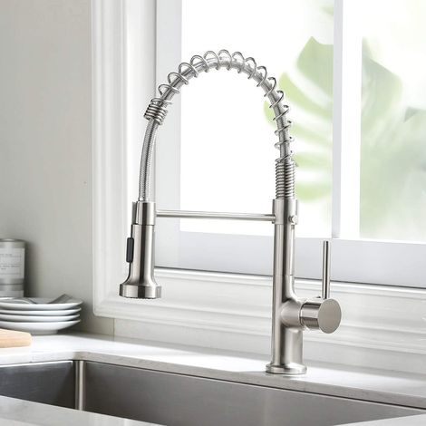 Robinet de Cuisine Nickel Brossé, Mitigeur Évier à Bec Extraible avec Douchette 2 Jets et Rotation 360°, Robinet Moderne à Levier Unique pour Évier Cuisine