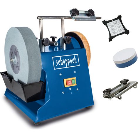 Scheppach Affûteuse à Eau TIGER2500 - Moteur à induction 200W - Meule en corindon supérieur Ø250mm - Dispositif pour outils standard droits - Pâte à poncer - Disque à poncer - Gabarit d'angle