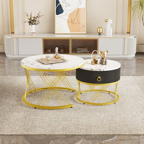 2-teiliges Couchtisch-Set in Marmoroptik mit Schublade, Weiß und Gold HAVRYA (1/5)