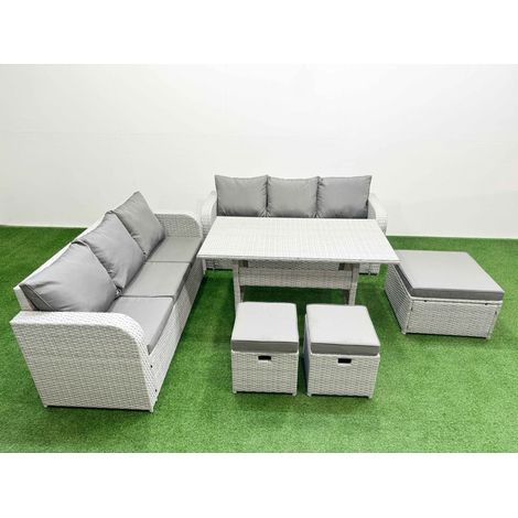 Fimous Outdoor Garden Furniture Sets 9 Seater Wicker Rattan Furniture Sofa Sets with Rectangular Dining Table high Back Lounge Sofa 3 Stools Light Grey (1/4)