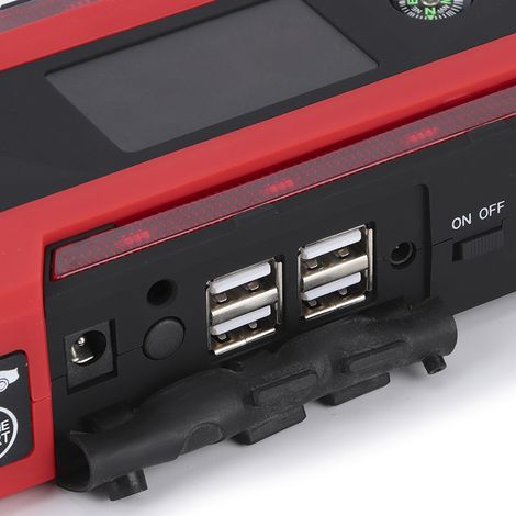 Démarreur de voiture noir et rouge avec bande LED, capacité de 89800 mAh, quatre ports USB, trois LED, marteau de sécurité et lame de coupe (norme américaine, large plage de tension 100-240 V). (1/5)
