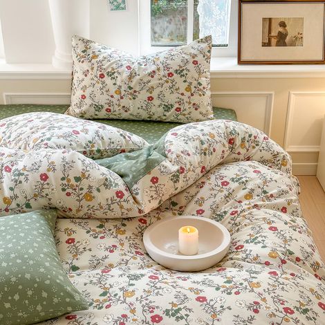 Parure de lit en coton 155x220 Multicolore Motif fleurs vertes petites fleurs imprimé motif botanique prairie fleurie motif floral Housse de couette avec fermeture éclair et taie d'oreiller (1/5)