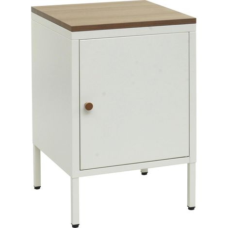 Mesita de noche pequeña 2 niveles en chapa de acero laminado blanco tapa de MDF 63x40x40 cm MED04081 (1/5)