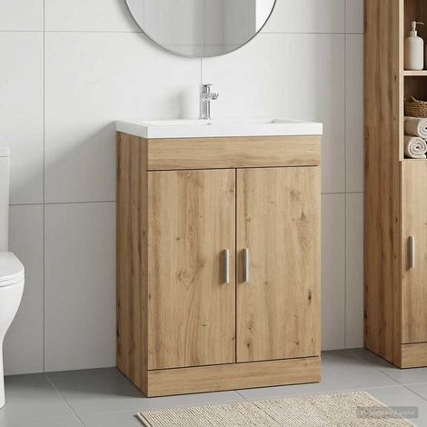 Meuble sous lavabo salle de bain, portes, bois d'ingénierie, chêne artisanal, 56 x 37,5 x 81 cm - PANGIVO (1/5)
