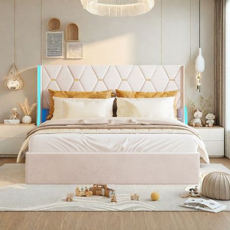 Bettkasten 140x190 cm - TANANT - Beige - Integriertes LED - Gepolsterte Kopfteil - Modernes Design