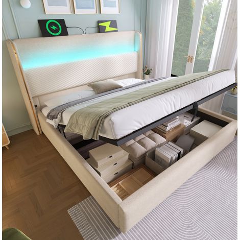 Cama moderna canapé hidráulico 140x200 cm beige en tela efecto lino, cabecero alto con LED, USB/Type-C