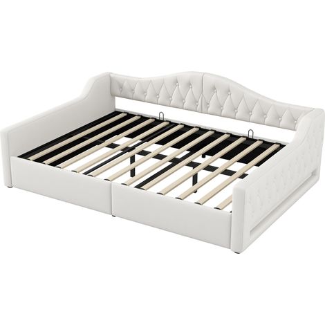 Letto divano imbottito 140x200 con LED e vano contenitore, beige (1/5)