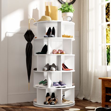 Meuble à Chaussures Rotatif 360° Blanc Rond, 5 Niveaux avec Compartiments, 115cm de Haut, Rangement Chaussures Gain de Place pour Entrée, Design Minimaliste Élégant (1/5)