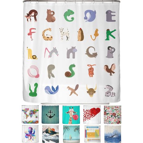 1 Rideau de douche, Alphabet, 180x200 cm, Polyester recyclé, Imperméable, Anti-moisissure, Salle de bain