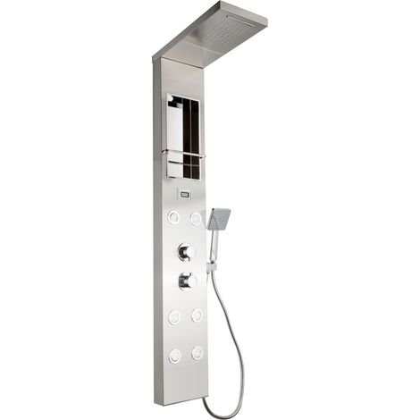 Colonne de douche hydromassante brossé inox Aisi 304 – 4 fonctions jets massage – Panneau avec miroir et étagère – Flexible 150 cm – Metaform
