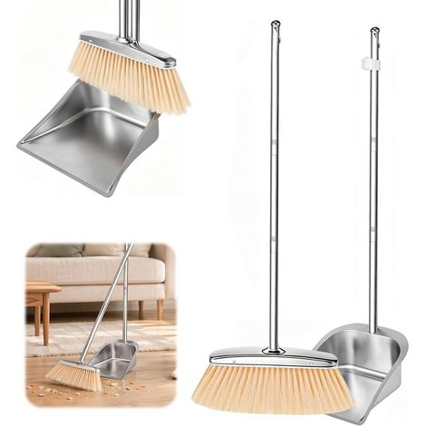 Pelle à poussière avec long manche - Balai et pelle - 118 cm - Réglable Ensemble balai et pelle en acier inoxydable. Pelle à manche long très efficace pour l'intérieur et l'extérieur. (1/5)