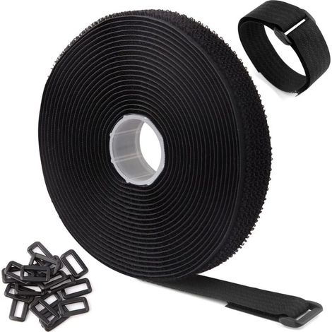 (5 m x 2 cm, Schwarz) 5 m lange schwarze, verstellbare, wiederverwendbare Kabelbänder/-binder mit 25 Schlaufen und Hakenbefestigungsband für Kabelmanagement (1/4)