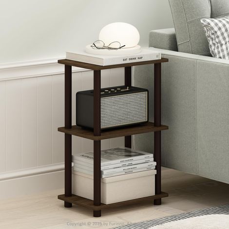 Table D'Appoint, Table De Chevet À 2 Niveaux avec Étagère Ouverte, Montage Facile, avec Tube Rond, pour Salon Ou Chambre, Couleur Noyer (1/5)