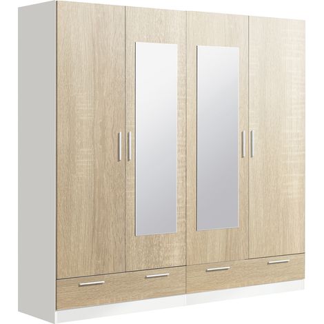Armoire / placard de rangement de 4 portes avec miroirs + 2 tiroirs coloris Blanc / Chêne Cambrian -longueur 202 x profondeur 51 x hauteur 200 cm -PEGANE-