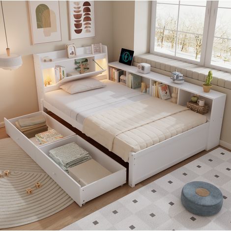 Cama infantil 90x200 cm de madera blanca, con almacenaje para dormitorio, sin colchón FloraGrace (1/5)