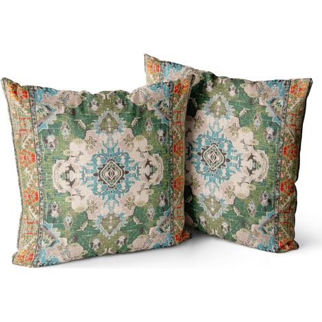 Set mit 2 quadratischen Dekokissen im Bohème-Stil, 45 x 45 cm, für Sofa, Auto, Schlafzimmer, Wohnzimmer, Außenbereich (grün)