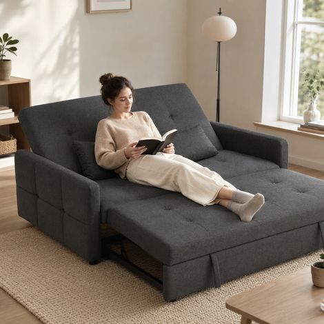 Canapé Convertible 2 Places 3 en 1, Lit Clic-Clac 160 cm, Dossier Réglable, Gris Foncé (1/5)