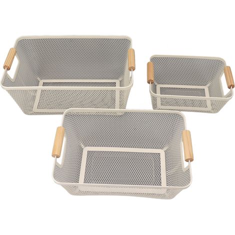 Panier de Rangement Métallique 3 Pièces Grande Capacité pour Livres, Maquillage ou Snacks - Blanc (1/5)