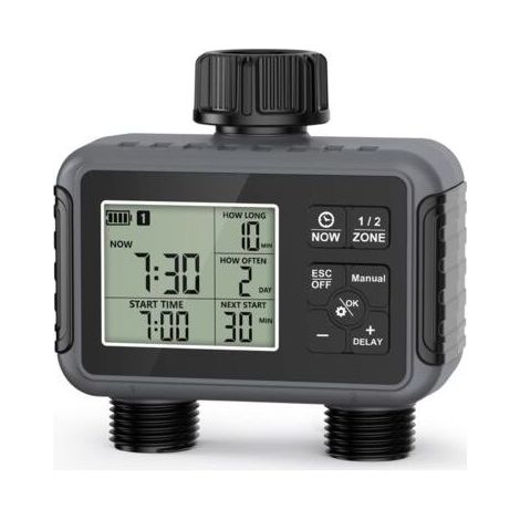 Ordinateur d'irrigation 2 sorties, minuterie d'arrosage de jardin avec retard de pluie/mode automatique et manuel, IPX5 étanche/grand écran LCD, contrôle de l'arrosage (1/5)