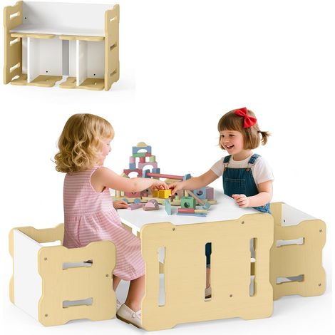 COSTWAY Table Enfant avec 2 Chaises, Bureau Enfant et Table dActivités avec Coins Arrondis, Poignées, Charge 50/35 kg, pour Salle de Jeux, Chambre denfant, Maternelle, Gain de Place (Naturel) (1/5)