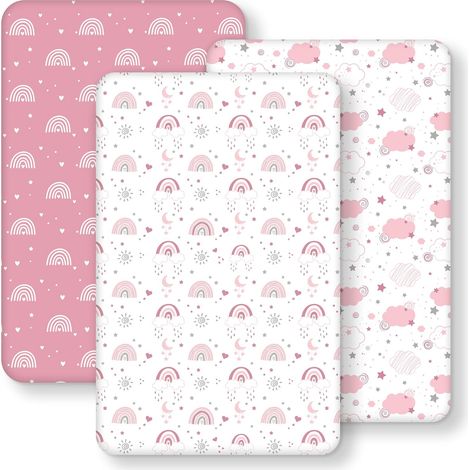 Cododo Fitted Sheet 50 x 83 cm, Set of 3 Microfibre Ultra Soft and Smooth Elastic All Around – for Cot Mattress from 50 x 80 cm to 55 x 90 cm, Rainbow Pink (1/5)