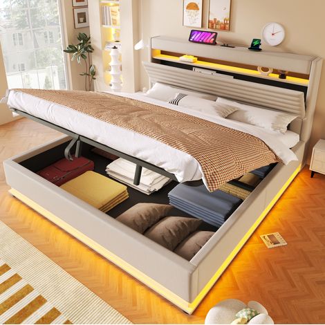 Bett Polsterbett Stauraum 180x200 mit LED Beige HAVRYA (1/5)