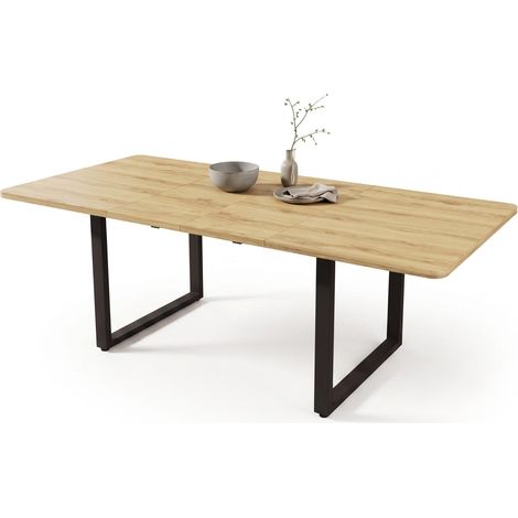 FurnitureR Table extensible 140/180/220 cm avec plateau MDF effet bois naturel et pieds métal noir, adaptée aux repas de 6 à 10 personnes (1/5)