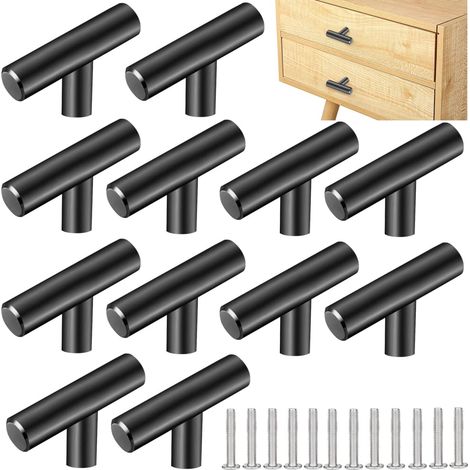 12 PCS Poignee de Meuble Cuisine Acier Inoxydable 5032mm Poignée Meuble T Bouton de Porte Argenté Boutons de Tiroir Monotrou en T Bouton de Meuble avec 12 Vis pour Armoire Porte Placard, Noir (1/5)