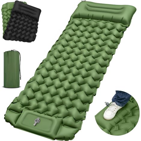 Matelas de camping auto-gonflable, matelas gonflable ultra léger avec coussin intégré, pompe à pied pour gonflage rapide, matelas gonflable pliable portable