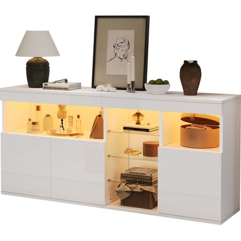 Buffet Moderno 155,5x35x72 cm, Vano Centrale Aperto con 3 Ripiani in Vetro, Portata 50 kg, Laccato Bianco, per Sala da Pranzo (1/5)