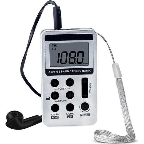 AM/FM-Digitalradio, 2-Band-Stereo-Empfänger, tragbares Mini-Radio mit Kopfhörern, 1,5-Zoll-LCD-Bildschirm, HanRongDa HRD-103 – Silber