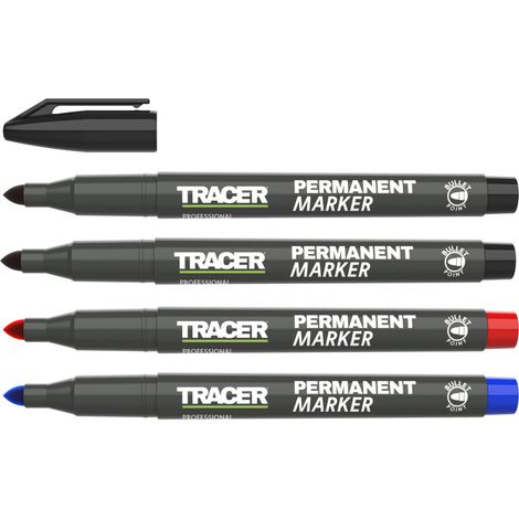 Tracer - Fine-Point Permanent Construction Marker Kit (1-2mm Bullet Point General-Purpose Markers with quick-drying ink) – Red, Blue, 2x Black - APMK1