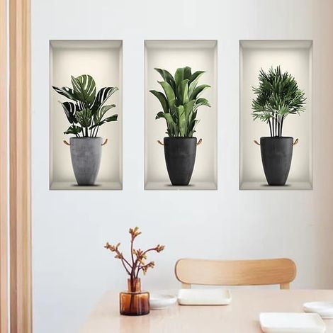 Lot de 3 stickers muraux décoratifs effet 3D représentant des plantes en pot, film autocollant, pour chambre, salon ou bureau. (1/4)
