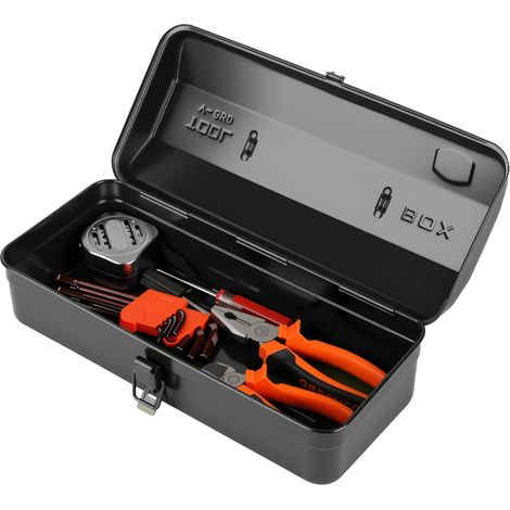 Boîte à Outils Vide en Métal de 37 cm, Caisse pour Outils avec Verrouillage à Pression et Poignée Ergonomique, Organisateur de Rangement pour Atelier et Maison, 37 × 16 × 12 cm, noir (1/5)