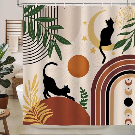 Rideau de Douche Boho Chat Feuilles Soleil Lune Abstrait 180x200 (1/5)